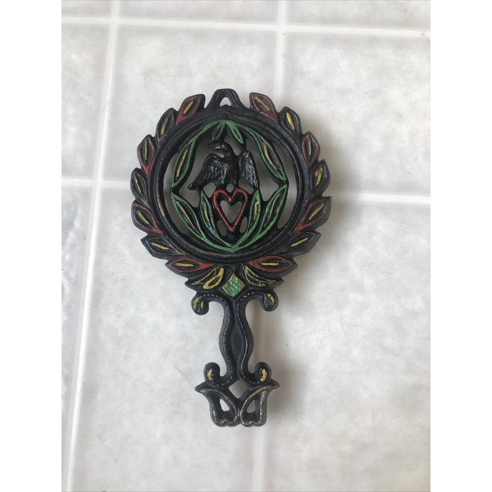 VINTAGE WILTON CAST Iron Painted Flower Eagle Footed TRIVET 3X5 COLLECTIBLE